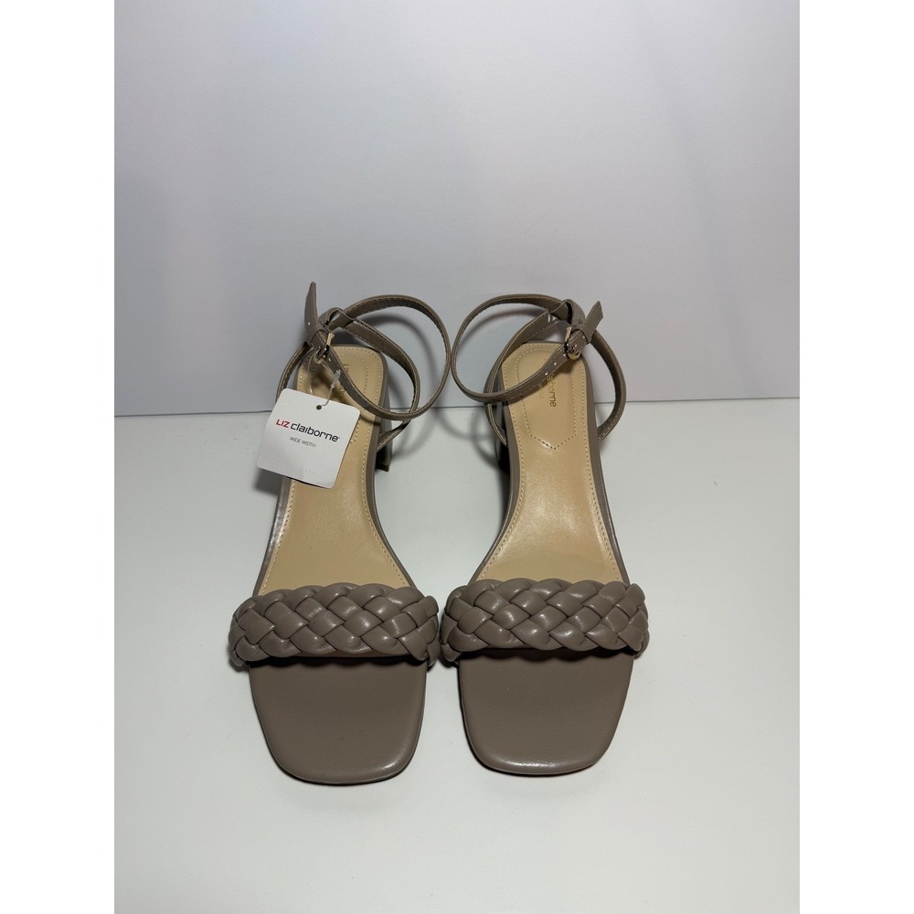 Liz Claiborne Women Taupe Braided Block Heel Ankle Strap Sandals Shoes 9.5W‎